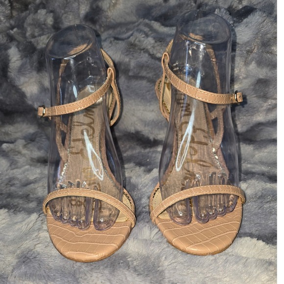 NWB Sam‎ Edelman Dara Beige Croc Embossed Ankle Strap Stiletto Heels - Size 8.5M - Picture 2 of 9